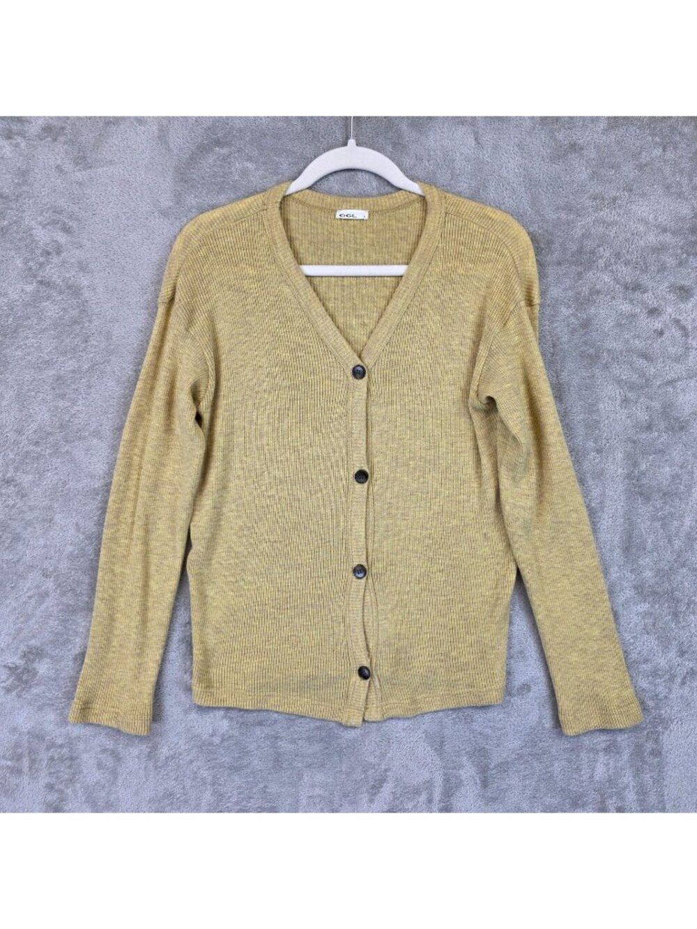 OGL Cardigan Sweater Womens L Yellow V Neck Button Front Rib Knit Lightweight